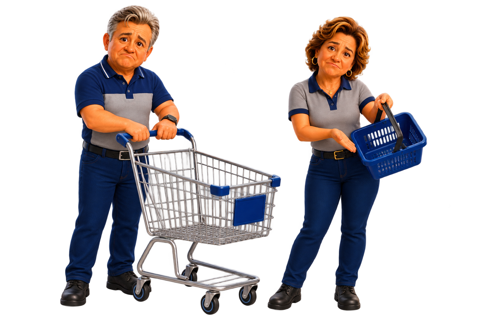 Dona Waldete com uma cesta vazia e Senhor Antonino com um carrinho vazio